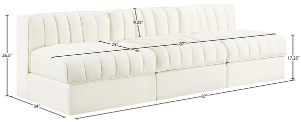 Meridian Furniture Rummi Three Piece Modular Sofa in Channel Tufted Cream Velvet for Living Rooms 660Cream-S87