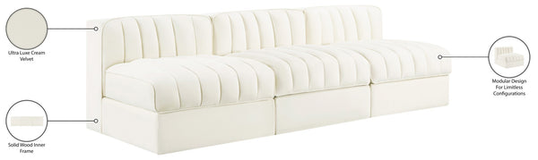 Meridian Furniture Rummi Three Piece Modular Sofa in Channel Tufted Cream Velvet for Living Rooms 660Cream-S87