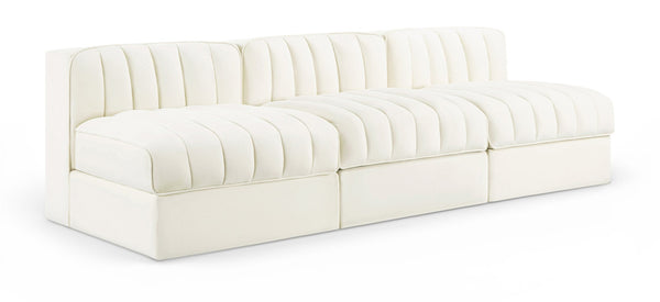 Meridian Furniture Rummi Three Piece Modular Sofa in Channel Tufted Cream Velvet for Living Rooms 660Cream-S87