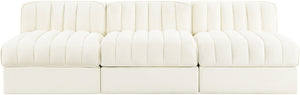 Meridian Furniture Rummi Three Piece Modular Sofa in Channel Tufted Cream Velvet for Living Rooms 660Cream-S87