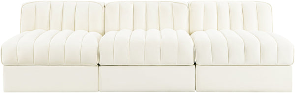 Meridian Furniture Rummi Three Piece Modular Sofa in Channel Tufted Cream Velvet for Living Rooms 660Cream-S87