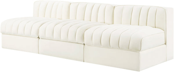 Meridian Furniture Rummi Three Piece Modular Sofa in Channel Tufted Cream Velvet for Living Rooms 660Cream-S87