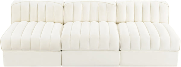 Meridian Furniture Rummi Three Piece Modular Sofa in Channel Tufted Cream Velvet for Living Rooms 660Cream-S87