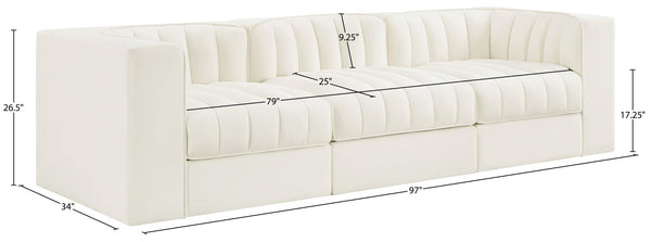 Meridian Furniture Rummi Three Piece Modular Sofa Channel Tufted Velvet Performance Fabric Contemporary 660Cream-S97