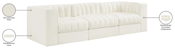 Meridian Furniture Rummi Three Piece Modular Sofa Channel Tufted Velvet Performance Fabric Contemporary 660Cream-S97