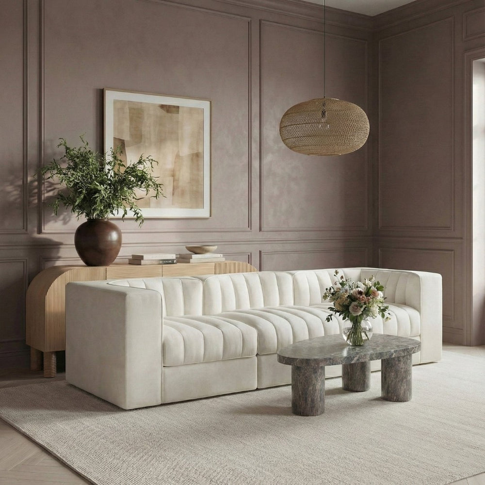 Meridian Furniture Rummi Three Piece Modular Sofa Channel Tufted Velvet Performance Fabric Contemporary 660Cream-S97