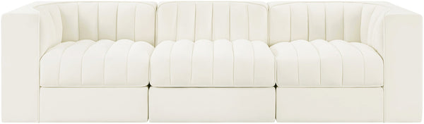 Meridian Furniture Rummi Three Piece Modular Sofa Channel Tufted Velvet Performance Fabric Contemporary 660Cream-S97