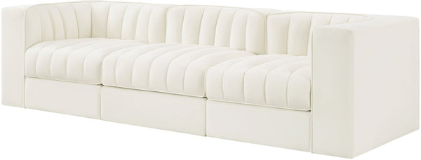 Meridian Furniture Rummi Three Piece Modular Sofa Channel Tufted Velvet Performance Fabric Contemporary 660Cream-S97