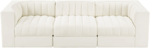 Meridian Furniture Rummi Three Piece Modular Sofa Channel Tufted Velvet Performance Fabric Contemporary 660Cream-S97