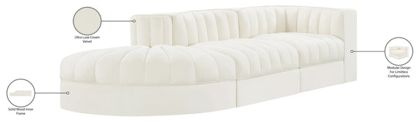 Meridian Furniture Rummi Channel Tufted Velvet Modular Sectional Sofa with Solid Wood Frame for Modern Living Cream 660Cream-Sec3A