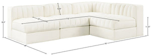 Meridian Furniture Rummi Four Piece Modular Sectional Cream Velvet Channel Tufted Low Profile Sofa 660Cream-Sec4A