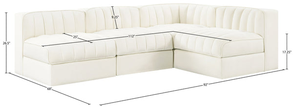 Meridian Furniture Rummi Four Piece Modular Sectional Cream Velvet Channel Tufted Low Profile Sofa 660Cream-Sec4A