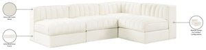 Meridian Furniture Rummi Four Piece Modular Sectional Cream Velvet Channel Tufted Low Profile Sofa 660Cream-Sec4A
