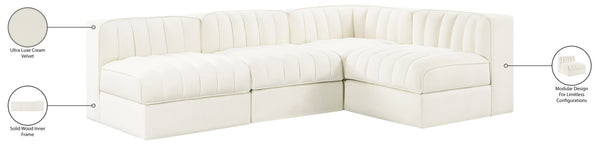 Meridian Furniture Rummi Four Piece Modular Sectional Cream Velvet Channel Tufted Low Profile Sofa 660Cream-Sec4A