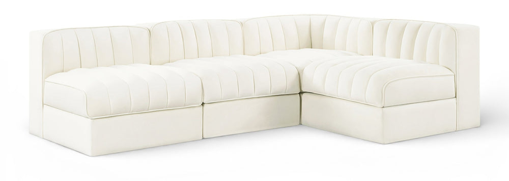 Meridian Furniture Rummi Four Piece Modular Sectional Cream Velvet Channel Tufted Low Profile Sofa 660Cream-Sec4A