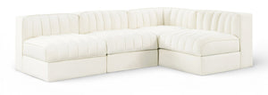 Meridian Furniture Rummi Four Piece Modular Sectional Cream Velvet Channel Tufted Low Profile Sofa 660Cream-Sec4A