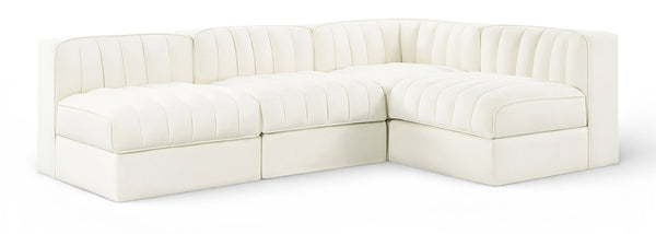 Meridian Furniture Rummi Four Piece Modular Sectional Cream Velvet Channel Tufted Low Profile Sofa 660Cream-Sec4A