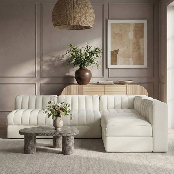Meridian Furniture Rummi Four Piece Modular Sectional Cream Velvet Channel Tufted Low Profile Sofa 660Cream-Sec4A