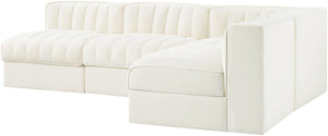 Meridian Furniture Rummi Four Piece Modular Sectional Cream Velvet Channel Tufted Low Profile Sofa 660Cream-Sec4A
