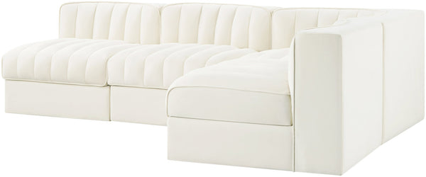 Meridian Furniture Rummi Four Piece Modular Sectional Cream Velvet Channel Tufted Low Profile Sofa 660Cream-Sec4A