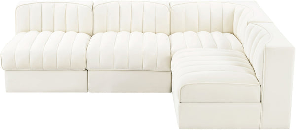 Meridian Furniture Rummi Four Piece Modular Sectional Cream Velvet Channel Tufted Low Profile Sofa 660Cream-Sec4A