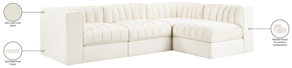 Meridian Furniture Rummi Channel Tufted Cream Velvet Modular Sectional Sofa for Open Plan Living 660Cream-Sec4B
