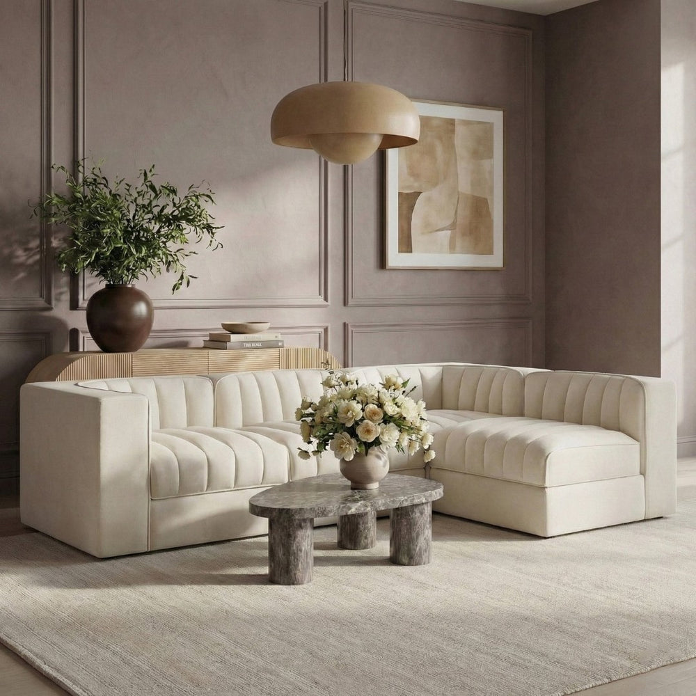 Meridian Furniture Rummi Channel Tufted Cream Velvet Modular Sectional Sofa for Open Plan Living 660Cream-Sec4B