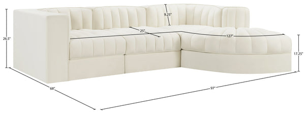 Meridian Furniture Rummi Channel Tufted Cream Velvet Modular Sectional for Contemporary Living Rooms 660Cream-Sec4C