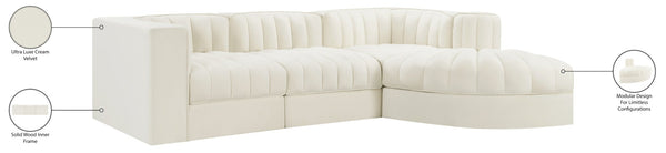 Meridian Furniture Rummi Channel Tufted Cream Velvet Modular Sectional for Contemporary Living Rooms 660Cream-Sec4C