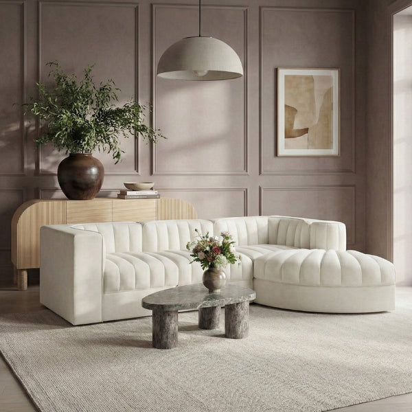 Meridian Furniture Rummi Channel Tufted Cream Velvet Modular Sectional for Contemporary Living Rooms 660Cream-Sec4C