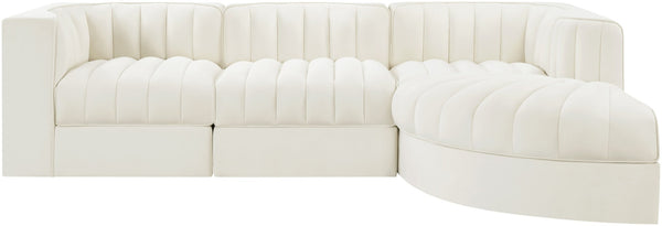 Meridian Furniture Rummi Channel Tufted Cream Velvet Modular Sectional for Contemporary Living Rooms 660Cream-Sec4C