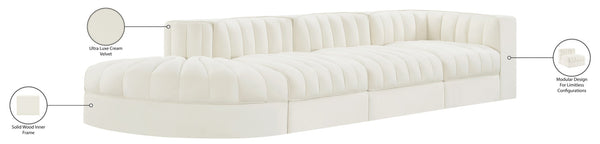 Meridian Furniture Rummi Four Piece Modular Sectional Cream Velvet Channel Tufted Contemporary Sofa 660Cream-Sec4D