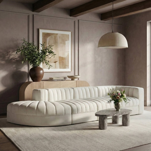 Meridian Furniture Rummi Four Piece Modular Sectional Cream Velvet Channel Tufted Contemporary Sofa 660Cream-Sec4D