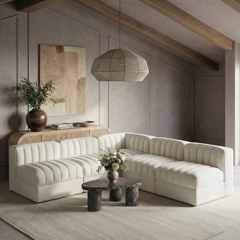 Meridian Furniture Rummi Five Piece Modular Sectional with Channel Tufting in Stain Resistant Velvet 660Cream-Sec5A