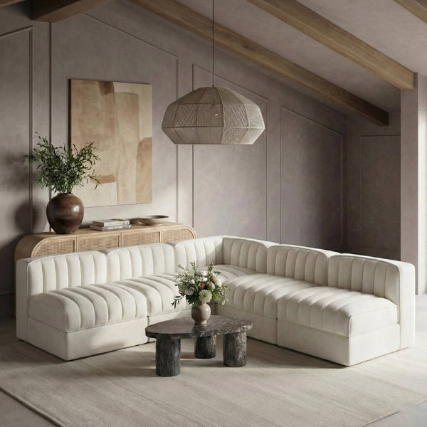 Meridian Furniture Rummi Five Piece Modular Sectional with Channel Tufting in Stain Resistant Velvet 660Cream-Sec5A