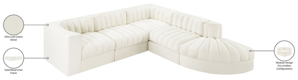 Meridian Furniture Rummi Five Piece Modular Sectional Channel Tufted Velvet Performance Fabric Seating 660Cream-Sec5C