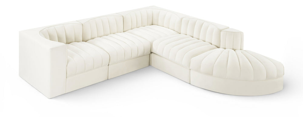 Meridian Furniture Rummi Five Piece Modular Sectional Channel Tufted Velvet Performance Fabric Seating 660Cream-Sec5C