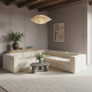 Meridian Furniture Rummi Five Piece Modular Sectional Channel Tufted Velvet Performance Fabric Seating 660Cream-Sec5C