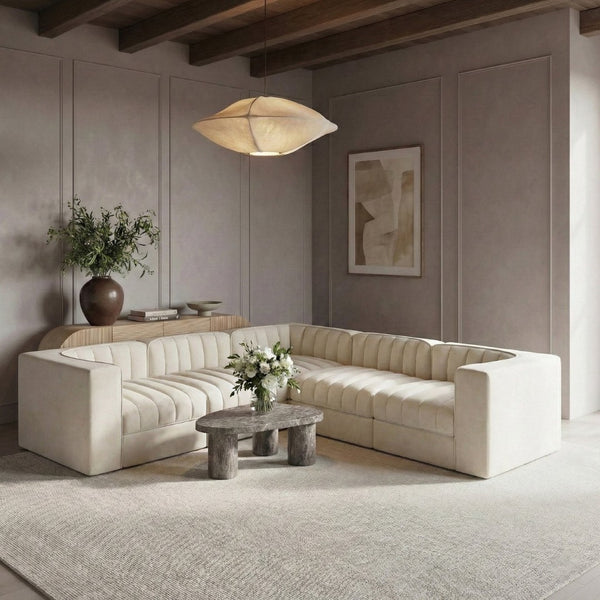 Meridian Furniture Rummi Five Piece Modular Sectional Channel Tufted Velvet Performance Fabric Seating 660Cream-Sec5C