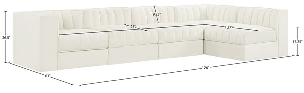 Meridian Furniture Rummi Five Piece Modular Sectional with Channel Tufted Velvet and Low Profile Frame 660Cream-Sec5E