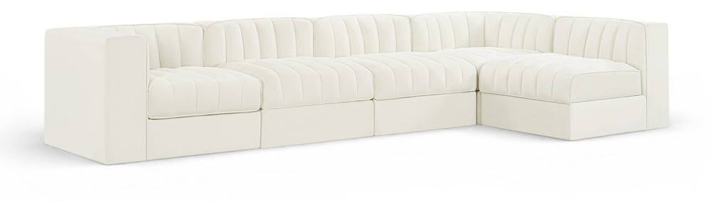 Meridian Furniture Rummi Five Piece Modular Sectional with Channel Tufted Velvet and Low Profile Frame 660Cream-Sec5E