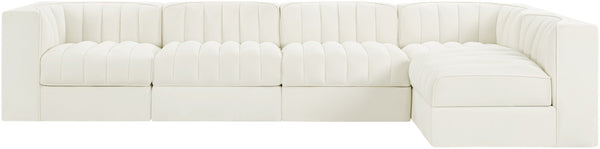 Meridian Furniture Rummi Five Piece Modular Sectional with Channel Tufted Velvet and Low Profile Frame 660Cream-Sec5E