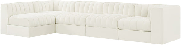 Meridian Furniture Rummi Five Piece Modular Sectional with Channel Tufted Velvet and Low Profile Frame 660Cream-Sec5E