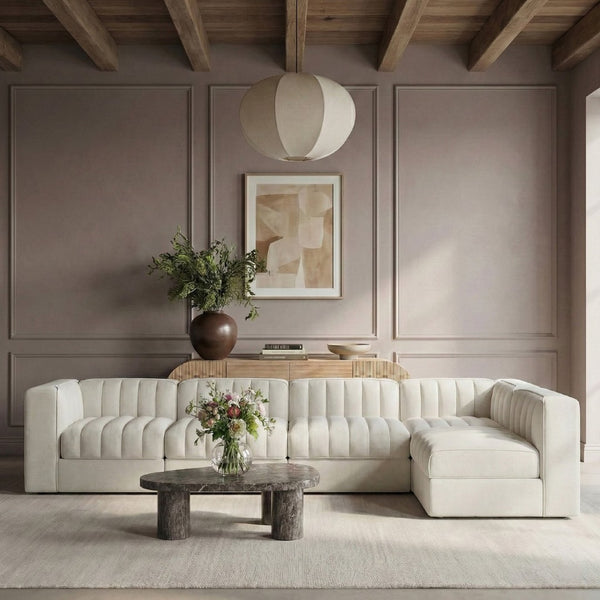 Meridian Furniture Rummi Five Piece Modular Sectional with Channel Tufted Velvet and Low Profile Frame 660Cream-Sec5E