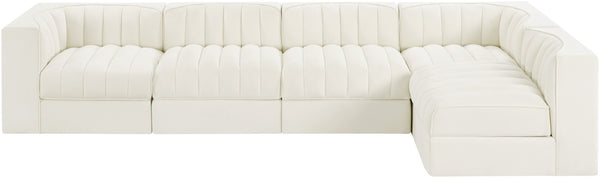Meridian Furniture Rummi Five Piece Modular Sectional with Channel Tufted Velvet and Low Profile Frame 660Cream-Sec5E