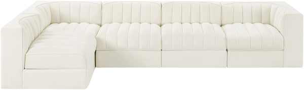 Meridian Furniture Rummi Five Piece Modular Sectional with Channel Tufted Velvet and Low Profile Frame 660Cream-Sec5E