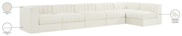 Meridian Furniture Rummi Six Piece Modular Sectional Channel Tufted Cream Velvet Contemporary Sofa 660Cream-Sec6E