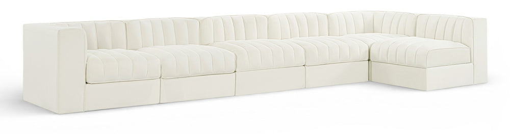 Meridian Furniture Rummi Six Piece Modular Sectional Channel Tufted Cream Velvet Contemporary Sofa 660Cream-Sec6E