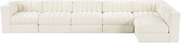 Meridian Furniture Rummi Six Piece Modular Sectional Channel Tufted Cream Velvet Contemporary Sofa 660Cream-Sec6E