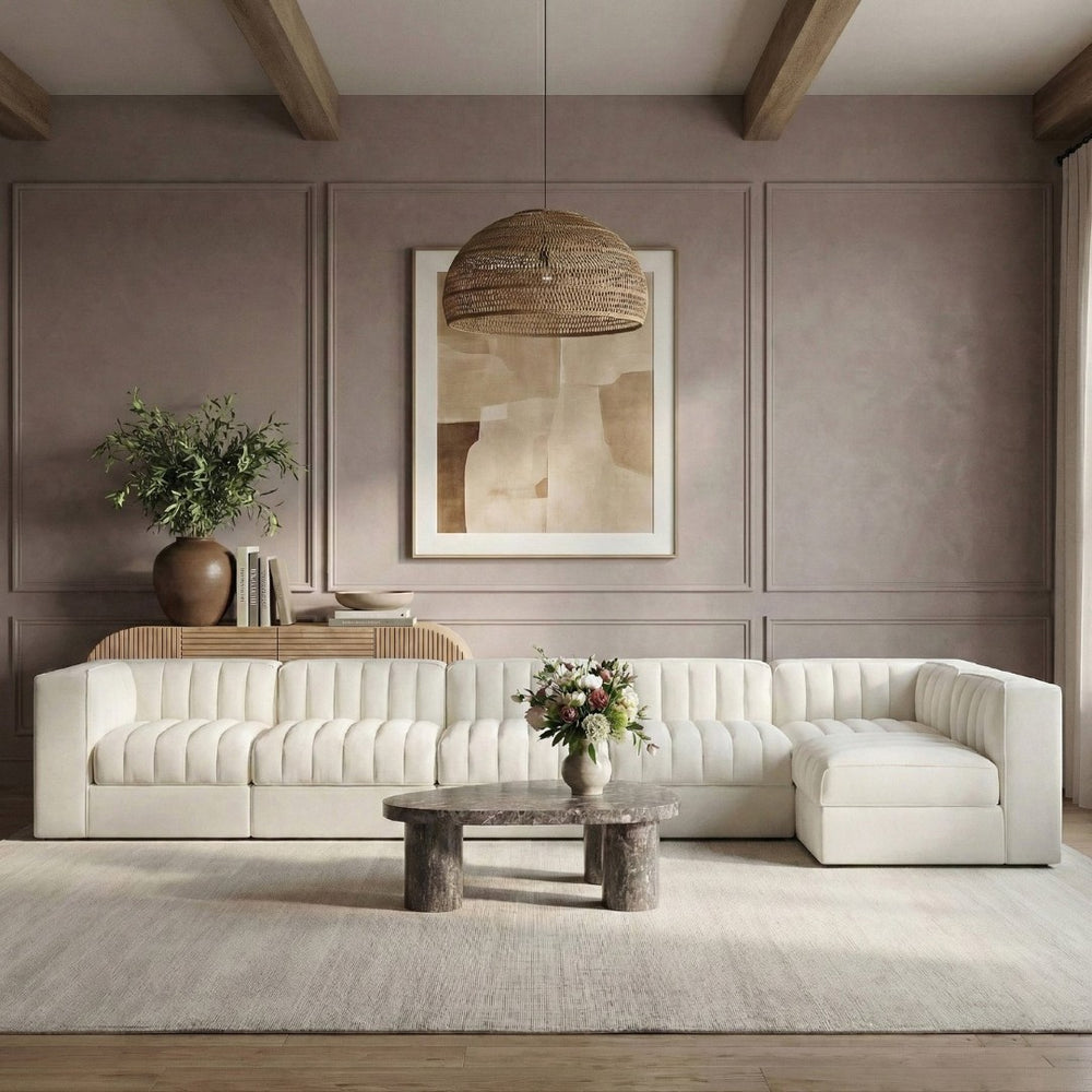 Meridian Furniture Rummi Six Piece Modular Sectional Channel Tufted Cream Velvet Contemporary Sofa 660Cream-Sec6E